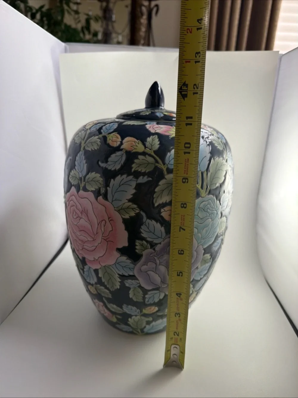 Vintage Chinese Ginger Jar with Lid Chinoiserie Flowers Large 12”